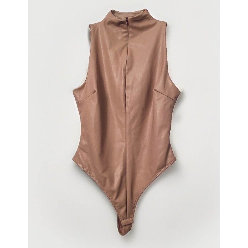 Vegan Faux Leather Dusty Pink Mock Neck Bodysuit Sz S